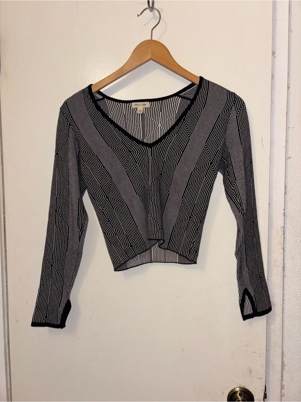 silence + noise Black and White Striped V-Neck Cropped Long Sleeve Top